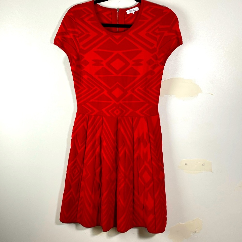 Parker Geometric Red Scuba Fit Flare dress M